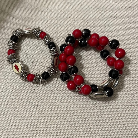 Arkansas Razorbacks Beaded Bracelets – Lot of 2 – Red, Black & Silver - Picture 1 of 4